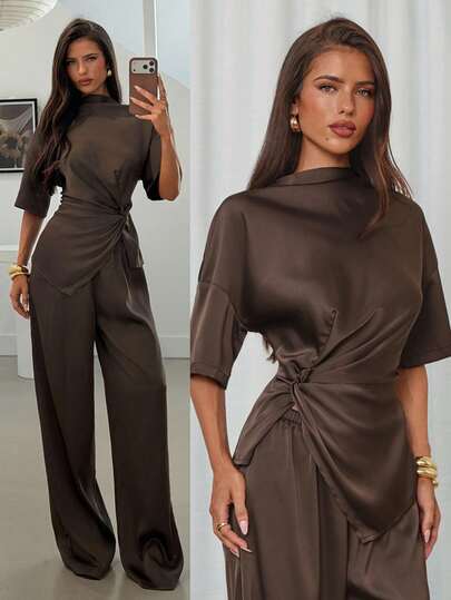 Aloruh Modern Minimalist Design Coffee-Colored Set: Twist Pleated Asymmetric Hem Top, And Flowy Elastic Waist Wide Leg Pants. Comfortable Satin Fabric, Elegant Formal Wear For Women, Versatile For Multiple Occasions Like Family Gatherings, Fashion Events, Spring/Summer Vacation, Day To Night, Casual Everyday Wear