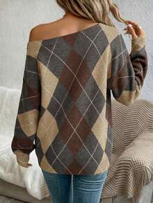 EMERY ROSE Áo len nữ trễ vai dáng rộng họa tiết Argyle kiểu Preppy - Ấm áp và thời trang, chất liệu dệt kim phong cách Bohemian cho mùa xuân và thu/đông, hoàn hảo cho các buổi đi chơi, du lịch, nghỉ mát, mặc ở nhà, thư viện, trường học và làm quà tặng. - Nhiều màu - Xem 2