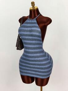 Amplova 女士性感露背吊带条纹迷你连衣裙，夏季 - 藍色 - 查看 4