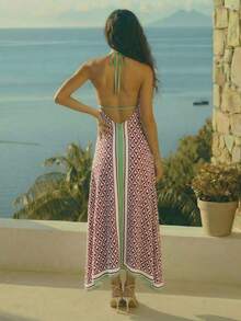 CAJUNI Spaghetti Strap V-Neck Fashionable Leaf Plaid Print Dress,Summer Dress - Khaki - View 2