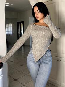 Vassilux Grunge Asymmetrical Neck Rib-Knit Tee,Fall Womengoing Out Tops - Khaki - View 6