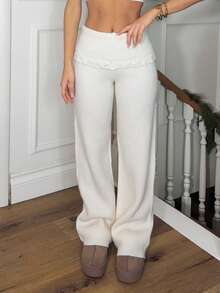 Ronhire 罗纹针织钩编细节翻折腰带阔腿裤套装（仅下装）秋季舒适可爱休闲咖啡俱乐部优雅晚宴派对 - 奶油色 - 查看 3