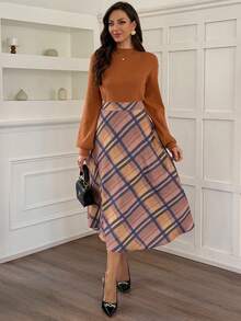 Vivie Lora Women's Turtleneck Ribbed Plaid Skirt Set - Khaki - View 4