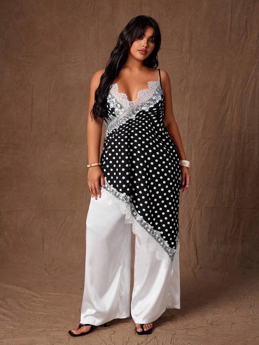 Rustia Asymmetrical Polka Dot Contrast Lace Slip Dress, Sexy