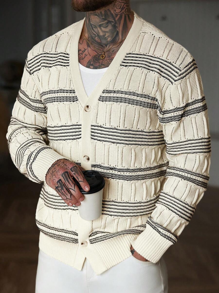 Manfinity Homme Cárdigan de punto con cuello en V a rayas, estilo casual y preppy, de manga larga y ajuste regular con botones delanteros para hombre - Multicolor - Ver 1