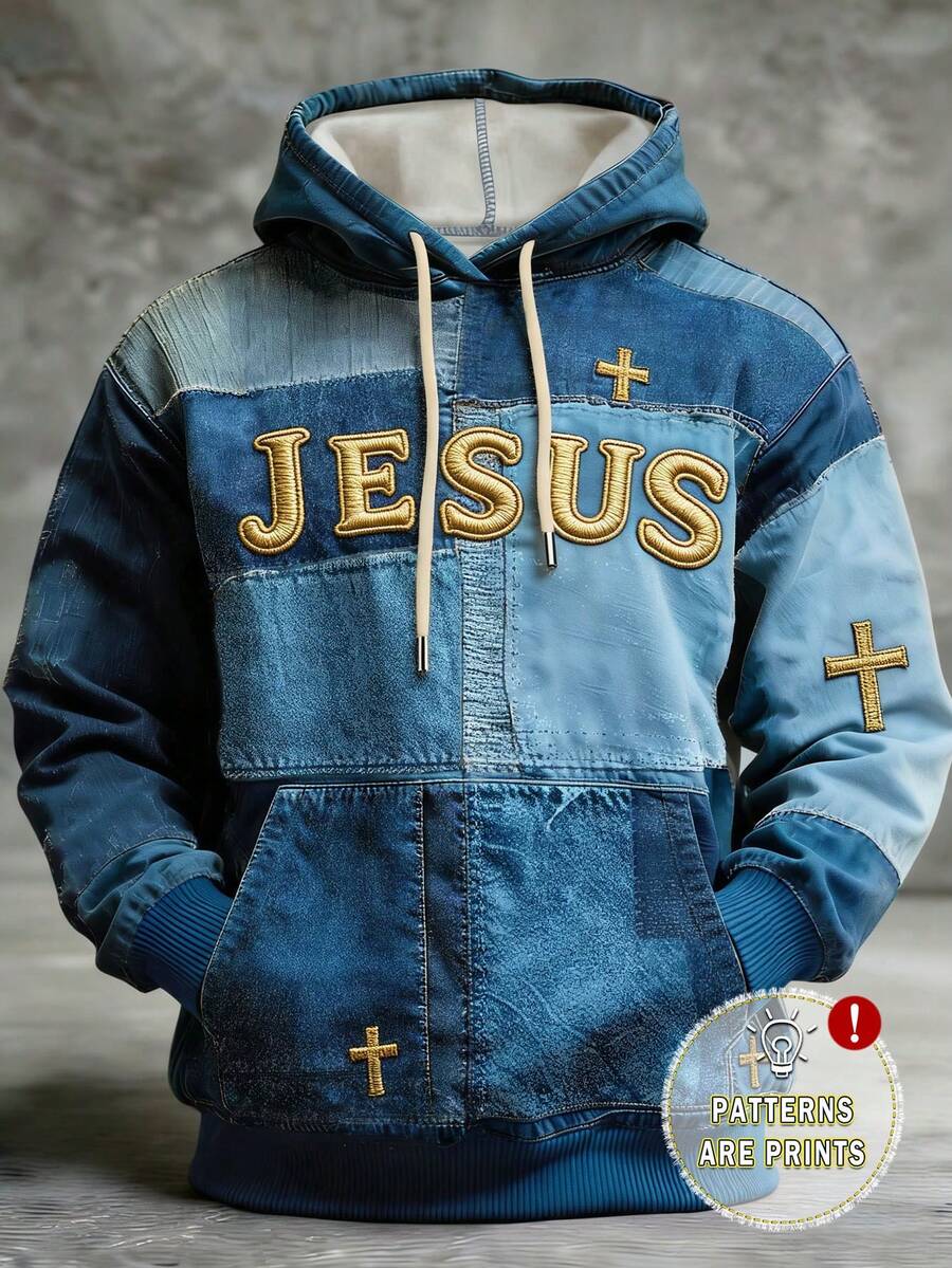 Manfinity Dauomo 男士艺术复古拼接印花连帽衫，色彩鲜艳，穿着舒适，耶稣十字架信仰图案长袖卫衣，适合日常穿着 - 藍色 - 查看 1