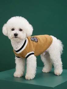 PETSIN Áo len thú cưng màu nâu phong cách đại học, ấm áp cho mèo và chó, lý tưởng cho mùa thu/đông - màu nâu - Xem 3