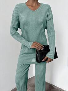 EURMUSE 2pcs Women Casual Commuting Solid Color Long Sleeve Top And Pants Set - Mint Green - View 3