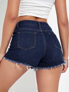 Jeanoix 女士休闲破洞毛边牛仔短裤 - 深色水洗藍 - 查看 2