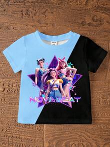 Bộ 2 món thời trang thường ngày dành cho bé gái, họa tiết hoạt hình K-POP, áo thun ngắn tay cổ tròn và quần short, áo thun phối màu tương phản, thoải mái cho mặc hàng ngày, đi nghỉ mát, mùa xuân/hè. - Nhiều màu - Xem 6