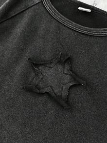 SHEIN Teen Girls' Distressed Washed Grey Star Print Short Sleeve Crop Top With Frayed Hem, Street Style Tween Girl Clothes Cute Tops Black Tops Teen Girl Clothes School Tops - Dark Grey - View 7