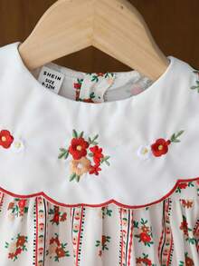 SHEIN 女嬰刺繡領短袖復古數位印花洋裝，米白色，夏季，可愛，家庭穿搭時尚休閒度假套裝 - 杏色 - 查看 8