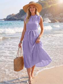 Sylviya 女式單色紋理荷葉領連衣裙,泡泡袖配腰帶