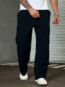 Manfinity Homme Quần dài nam cỡ lớn, màu trơn, cạp chun, dáng rộng, ống rộng, đa năng, thích hợp mặc hàng ngày. - Màu xanh hải quân - Xem 1