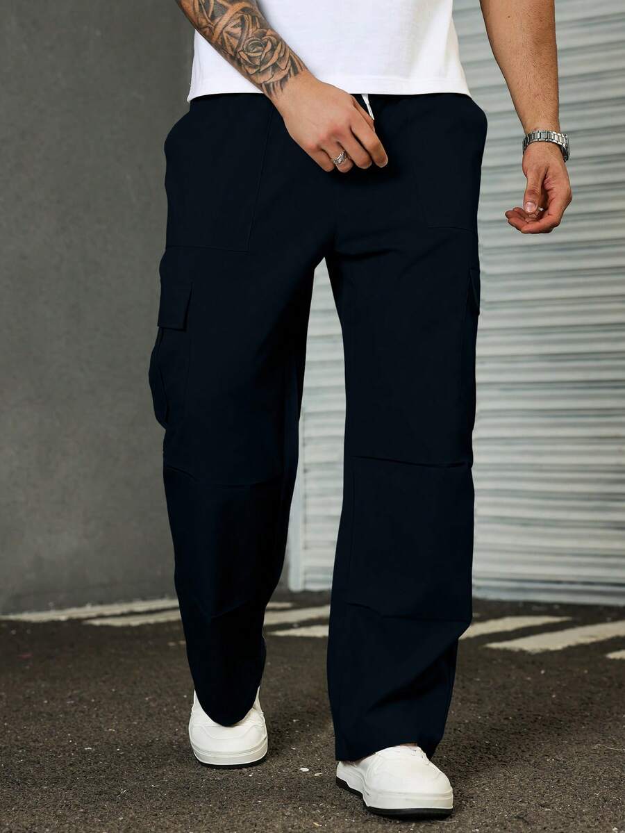 Manfinity Homme Quần dài nam cỡ lớn, màu trơn, cạp chun, dáng rộng, ống rộng, đa năng, thích hợp mặc hàng ngày. - Màu xanh hải quân - Xem 1