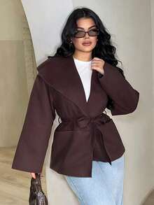 Dayanna Comas Women's Elegant Commuting Warmth And Simplicity Brown Coat Front Tie Long Sleeve Pocket Casual Jacket, Everyday Wear In Fall/Winter - Brown - View 3