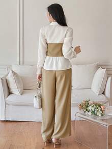 DAZY Conjunto de camisa y pantalón de pierna ancha de 2 en 1 con contraste de color y parches elegante para mujer, para primavera/verano, conjunto de ropa de descanso para mujer - Caqui - Ver 2