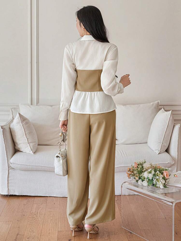 Women's Elegant Contrast Color Patchwork 2 In 1 Shirt & Wide Leg Pants Set, Spring/Summer,Wedding Guest Dress Women