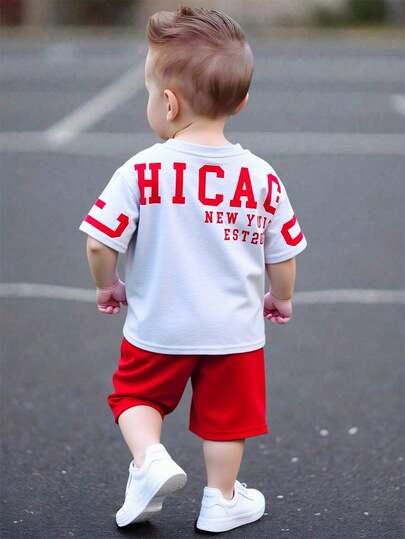 SHEIN 2pcs/Set Baby Boy Cute Casual Korean Style Summer Knit Letter Graphic Short Sleeve Top And Elastic Waist Shorts Set