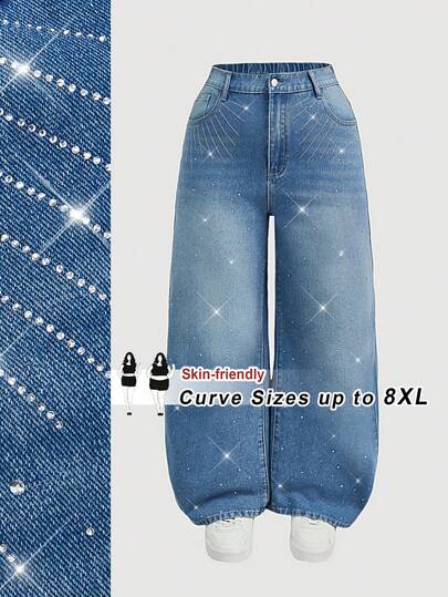 SHEIN Tall CURVE Jeans anchos de pierna ancha con bolsillos y adornos de strass para mujer de talla grande, ideales para primavera y verano, fiestas, vacaciones, graduación, estilo Y2K, eventos sociales y uso diario. Pantalones vaqueros de cintura alta, holgados y brillantes con detalles de strass que realzan la figura de la mujer de talla grande.