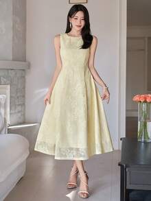 DAZY 女士优雅印花无袖连衣裙，夏季婚礼宾客礼服 - 黃色 - 查看 7