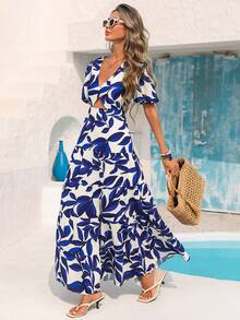Vivid Eden Women's White And Blue Floral Summer Boho Vacation Holiday Dress,Tropical Plant Print Cut Out Backless Maxi Dress,Casual Bohemian Beach Sundress - Blue - View 6