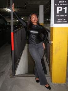 Tyla Gomez Spring Scoop Neck PU Leather Black Skinny Long Sleeve T-Shirt - Black - View 1