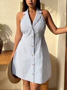 SHEIN EZwear Đầm không tay kẻ sọc cỡ lớn dành cho nữ, đầm kẻ sọc bằng vải lanh, trang phục mùa thu dành cho nữ, trang phục giáo viên phong cách retro, trang phục công sở dành cho nữ, trang phục giáo viên, trang phục đi làm, phong cách công sở đơn giản retro, 100% cotton, đầm hè dành cho nữ, đầm mùa hè dành cho nữ, trang phục công sở thường ngày dành cho nữ. - Xanh và trắng - Xem 5