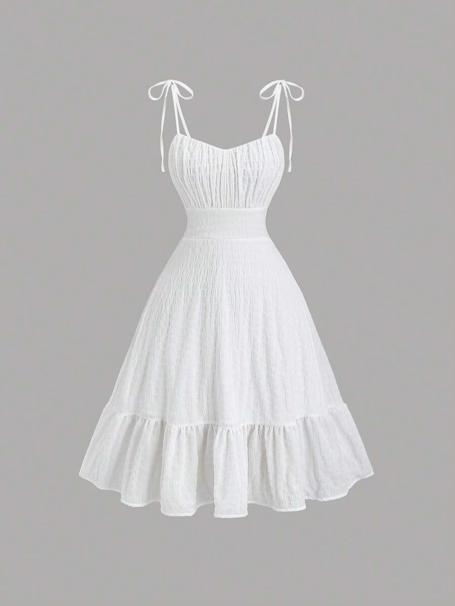 SHEIN Sweetro Women's Summer New Stylish Youthful Pleated Texture Tie-Up Bow A-Line Camisole Dress - White - View 1