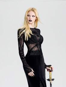 Breakform 女士哥特风半透明性感圆领露背修身短款露脐上衣，饰有植绒花卉网纱，长袖 - 黑色 - 查看 1