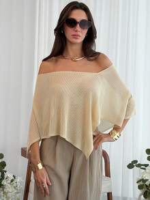 Aloruh 女士优雅波西米亚风度假风露肩罩衫，不对称下摆宽松针织套头衫 - 卡其色 - 查看 5