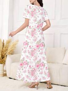 Al Najma 女士优雅V领短袖印花针织连衣裙，适合外穿或叠穿，是约会、度假、日常休闲、派对、节日、春夏的理想之选。 - 粉色 - 查看 2