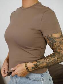 SAYEHFBABY Capped Sleeve Snatched T-Shirt Casual Summer Everyday Airport Holiday Fall Back To School Autumn Winter - Brown - View 3
