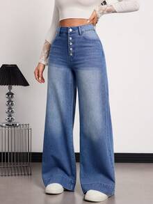 SHEIN Tall TALL Summer And Spring Women's Casual Going Out Washed High Waist Wide Leg Jeans - Medium Wash - View 3