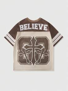 ROMWE MEN Street Life Kaos Lengan Pendek Olahraga Pria Kasual Musim Semi/Panas dengan Motif Grafis dan Patchwork Jala, Jersey Atletik - Coklat - View 2