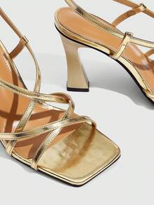 CUCCOO SZL Giày sandal cao gót mũi vuông quai chéo bằng kim loại vàng, kiểu dáng thanh lịch Pháp, thích hợp cho các bữa tiệc, đi làm hoặc dự tiệc. - Vàng - Xem 5