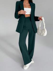 EURMUSE Bộ quần áo hai mảnh màu trơn dành cho nữ, gồm áo blazer và quần dài. - Màu xanh lá cây đậm - Xem 5