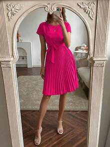 Calvaya Pleated Hem Self Belted Dress Burgundy Color Women Outfit - Hot Pink - View 5