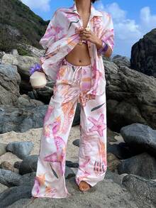 Opulessa 度假印花宽松梭织女式衬衫 - 粉色 - 查看 6