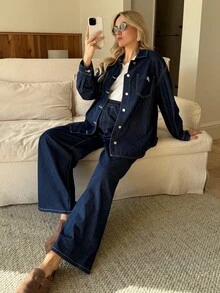 MaterniWear 2pcs Maternity Casual Denim Shirt And Pants Set Valentine's Day Vacation Outfits Women Carnaval Summer Spring Commuting Graduation Chic Y2k Cute Streetwear Party Wedding Elegant Business Casual Woman - Blue - View 7