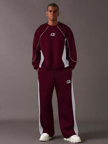 STYNVO Men's Letter Embroidery Graphic Crew Neck Long Sleeve Sweatshirt And Pocket Sweatpants Casual Outfit, Suitable For Autumn/Winter Outings - Burgundy - View 3