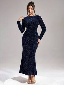 Coutiva Women's Sequin Solid Color Backless Twist Fitted Elegant Long Sleeve Formal Evening Gown,Blue Sparkly Mermaid Banquet Dress For Wedding,Party & Ball - Navy Blue - View 7
