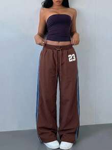 Aloruh 运动条纹撞色印花低腰直筒抽绳女裤 - 棕色 - 查看 3