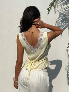 Aloruh Women's Contrast Lace Deep V-Neck Sleeveless Sexy Shirt - Yellow - View 2