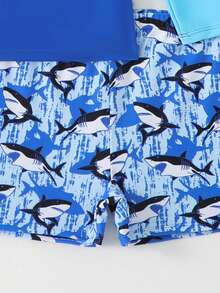 8-12 Years Old Boys' Shark Print Long Sleeve Swimsuit, Student Swimming Suit, Beach Vacation Surfing Stylish Ocean Theme Swimwear Set - Multicolor - View 4