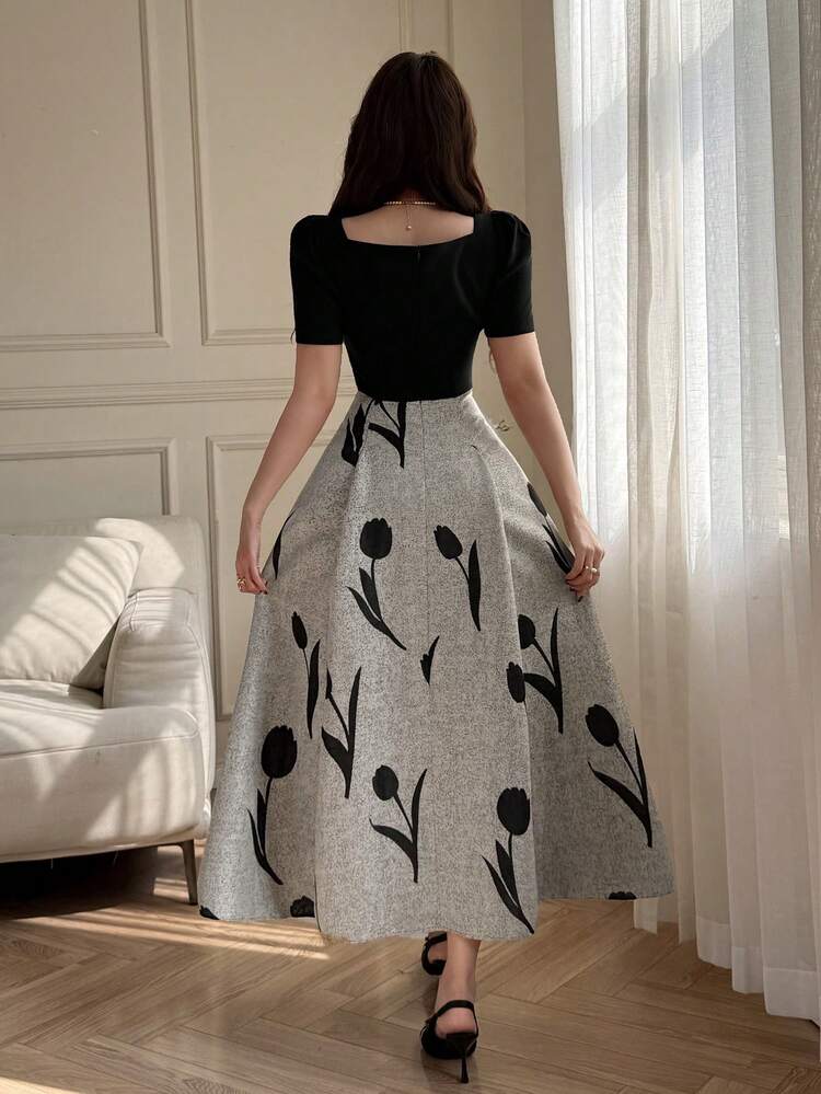 Women's Elegant Floral Patchwork Puff Sleeve Dress, Summer Wedding Guest Dress Sundress