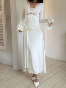 Livesso Đầm trắng dáng xòe tay bồng phối ren rỗng, eo xếp ly, thanh lịch cho mùa xuân hè, thích hợp cho ngày Valentine, đám cưới, tiệc tùng, các dịp trang trọng, thời trang, dáng ôm, đầm đi làm. - Màu be - Xem 4