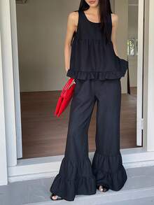 DAZY 女士休闲荷叶边无袖上衣和裤子两件套 - 藏蓝色 - 查看 1