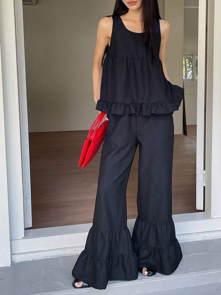 DAZY 女士休闲荷叶边无袖上衣和裤子两件套 - 藏蓝色 - 查看 1