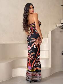 SHEIN Tall 女士夏季棕榈树印花修身吊带连衣裙，适合度假、返校、休闲、办公、约会、婚礼、与朋友享用下午茶、邮轮假期等场合。 - 黑色 - 查看 3